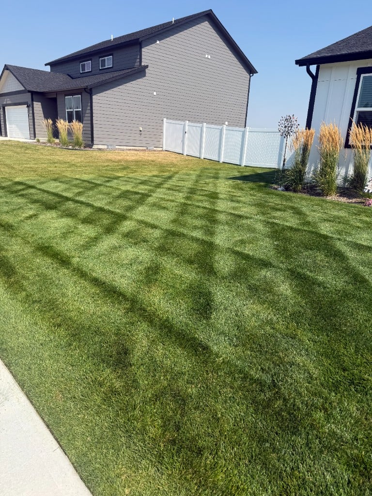 Diamond-pattern lawn mowing on a suburban property in Deer Park, WA